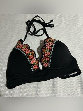 Shade & Shore Black Halter Bikini Top with Multicolor Floral Embroidery